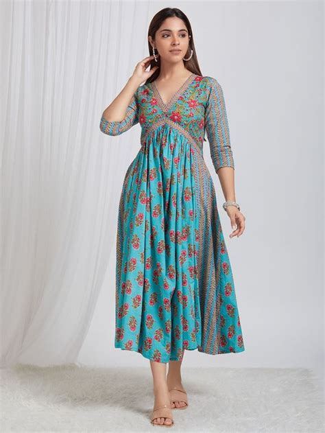Buy Teal Blue Printed Cotton Slub Dress | CC-004/PSKY39JUN | The loom