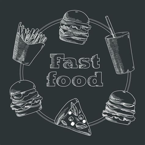 Hand drawn fast food illustration. Soda, pizza, burger and french fries ...