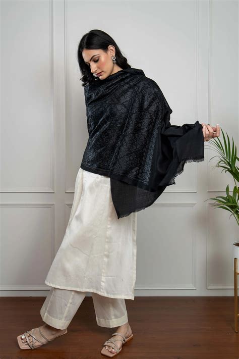 Black Self Barfi Nalki embroidery Fine Wool Blend Stole