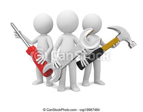 工具, 人. 工業的工人, 3, 螺絲刀, 猛扭, 錘子, 3d. | CanStock