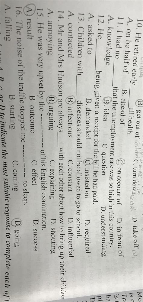 10. He retired early. A. on be half of 11. I had no Sut to the no (B ...