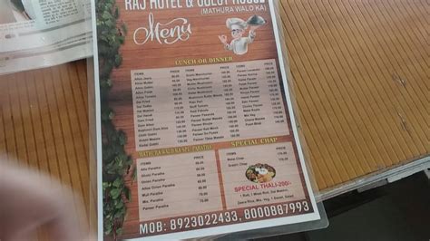 Menu at Raj Hotel, India, Q9GH+CM9