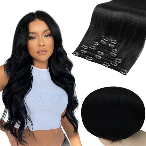 Amazon.com : Full Shine Clip in Hair Extensions Real Human Hair Black ...