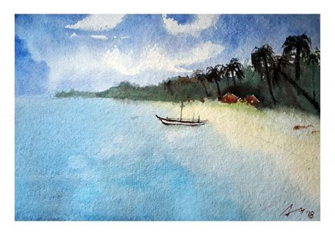 "Goa": Blue Watercolor Painting (7x11) by Arunava Ray – ArtZolo.com