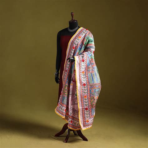 Pink Ranihati Madhubani Chapa Work Chanderi Silk Hand Embroidery Dupatta