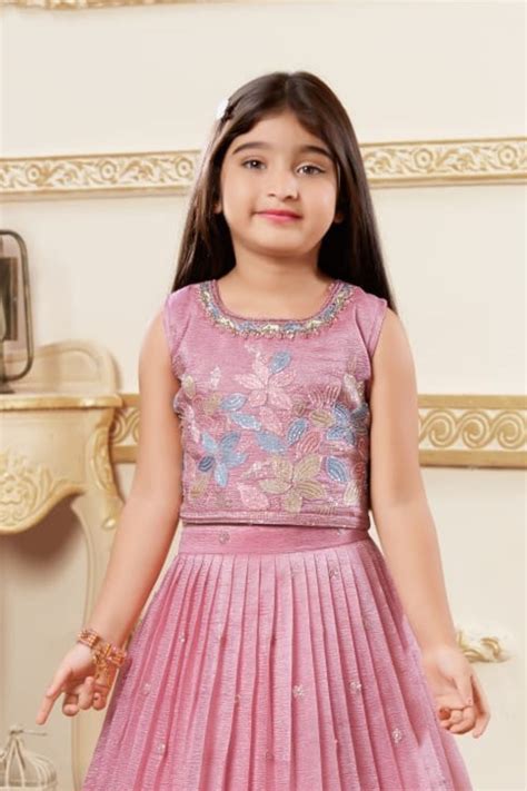 Pink Embroidered Lehenga Choli Set with Floral Thread Work For Girls ...