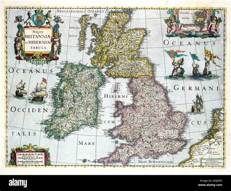 Vintage medieval map of Great Britain 1661 with illustrations Stock Photo - Alamy