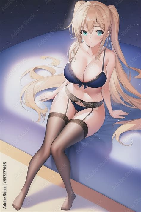 Sexy blonde anime waifu girl in lingerie and black stockings sitting on ...