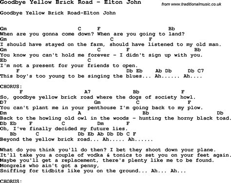 Song Goodbye Yellow Brick Road by Elton John, with lyrics for vocal ...
