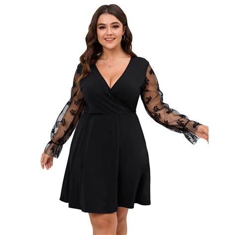 SCOMCHIC Plus Size Deep V-Neck Sexy Ruffle Long Sleeve Dress for Women ...