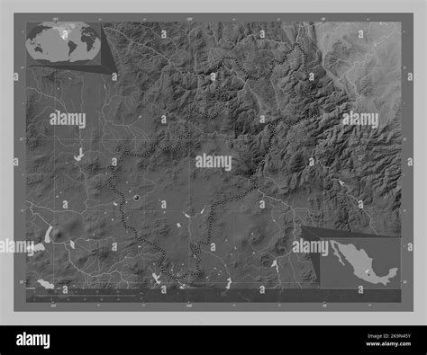 Queretaro, state of Mexico. Grayscale elevation map with lakes and rivers. Corner auxiliary ...