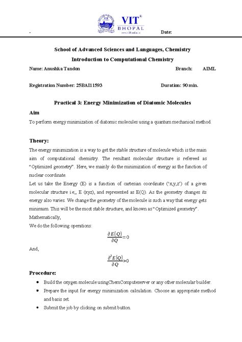 Lab Manual CHY1005: Practical 3 - Energy Minimization of Diatomic ...