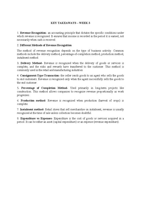KEY TAKEAWAYS WEEK 3 - REVENUE RECOGNITION PRINCIPLES - SWDFAF - Studocu