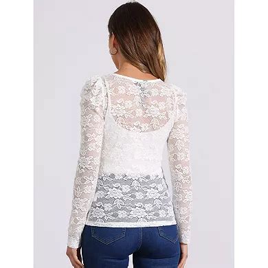 Women's Vintage Semi Sheer Long Sleeve Embroidery Blouse Lace Top