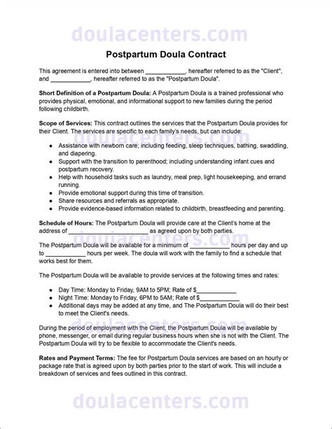 Postpartum Doula Contract Template Sample | Doula Centers