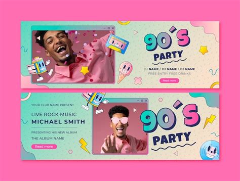 Gradient Cartoon 90er Party horizontale Banner | Kostenlose Vektor