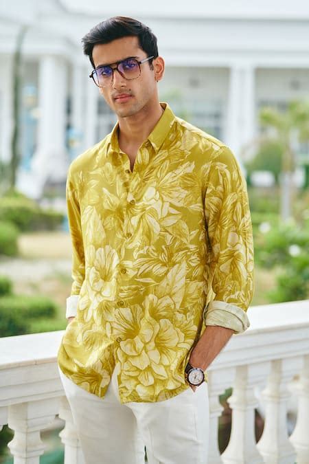 Buy Yellow Cotton Embroidery Buransh Printed Shirt For Men by Philocaly ...