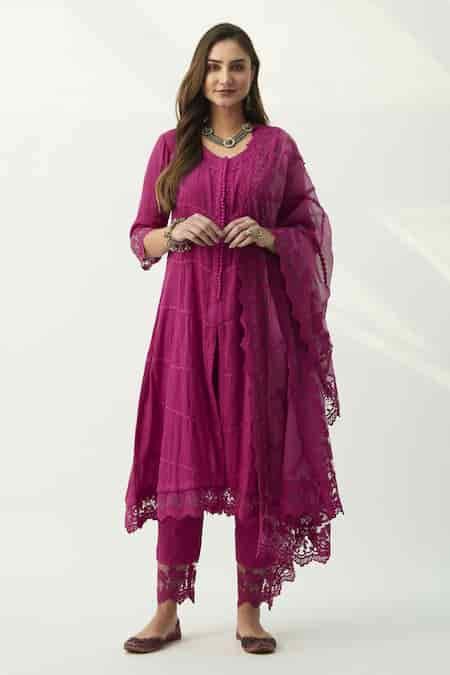 Buy Magenta 100% Cotton Round Mahjabeen A-line Kurta Set For Women by ...