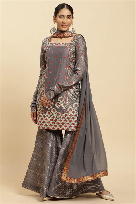 Buy Light Grey Embroidered Heavy Festive Kurta And Sharara And Dupatta ...