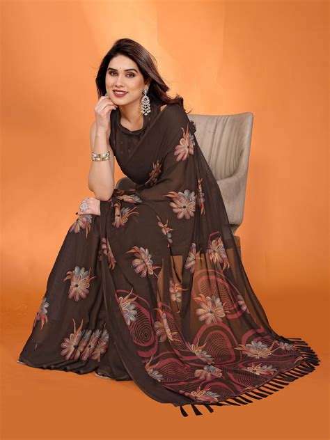 Buy Online Brown Floral Printed Embellished Georgette silk saree ...