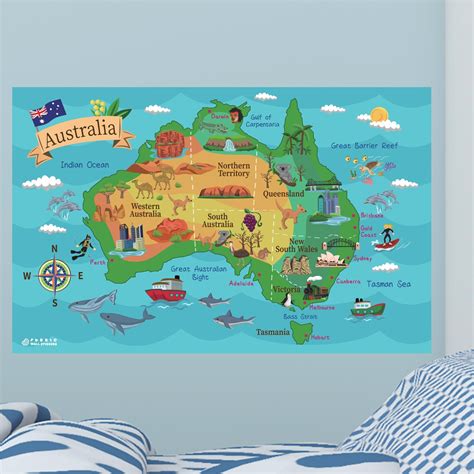 Australia Map Kids Removable Fabric Wall Stickers / Decals, Peel & Stick for Geographic Learning ... - map of australia for kids