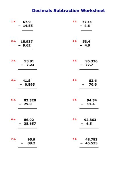 Subtracting Decimals Worksheet