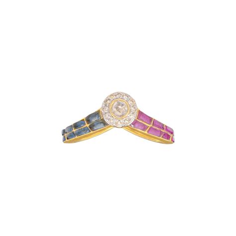 Polki Halo Ring | 14K Gold with Diamonds & Blue & Magenta Enamels ...
