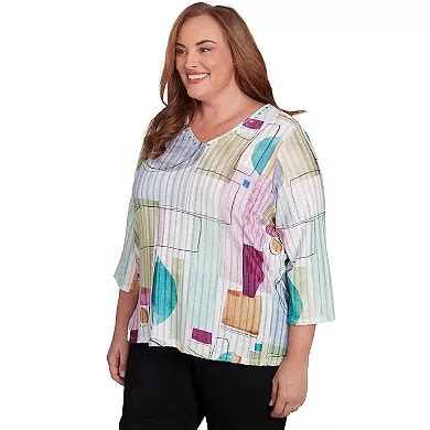 Plus Size Alfred Dunner Geometric V-Neck Three Quarter Sleeve Top