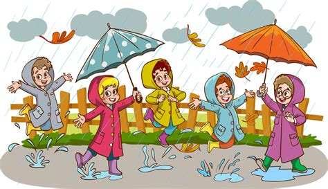 Smiling Little Kids Jumping in a Puddle in Rainy Day Vector ...