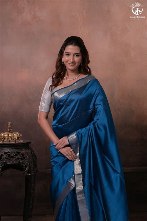 Bhadra - Indigo Blue Plain Handwoven Silk Saree With Silver Zari Borde ...