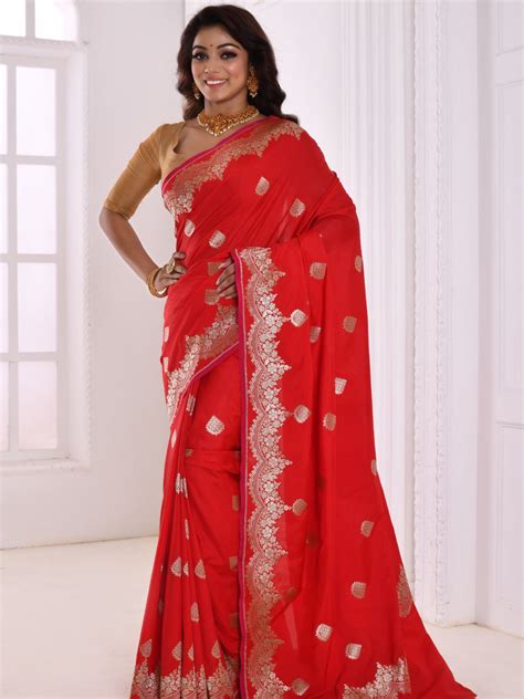 1603992 Chhabra 555 Red Banarasi Silk Silver Zari Embellished Saree