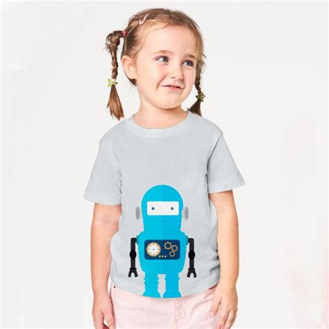 Girls T-Shirt Full Print Cute Blue Robot Clock Gears – Right Gifting