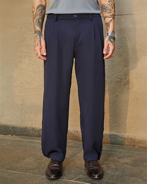 Buy Men's Navy Blue Straight Fit Pleated Pants Online in India at Bewakoof