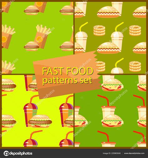 Seamless Set Fast Food Background Patterns Hamburger Potato Fries Drink ...