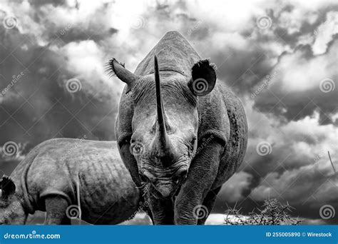 Grayscale Closeup of a Black Rhinoceros Grazing in the Savanna. Diceros ...