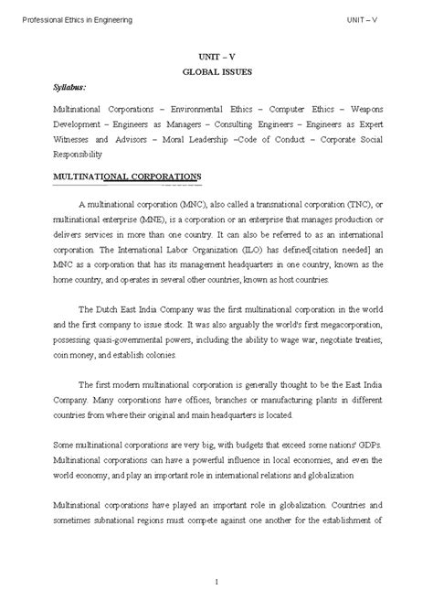 Professional Ethics in Engineering: UNIT V Global Issues Notes - Studocu