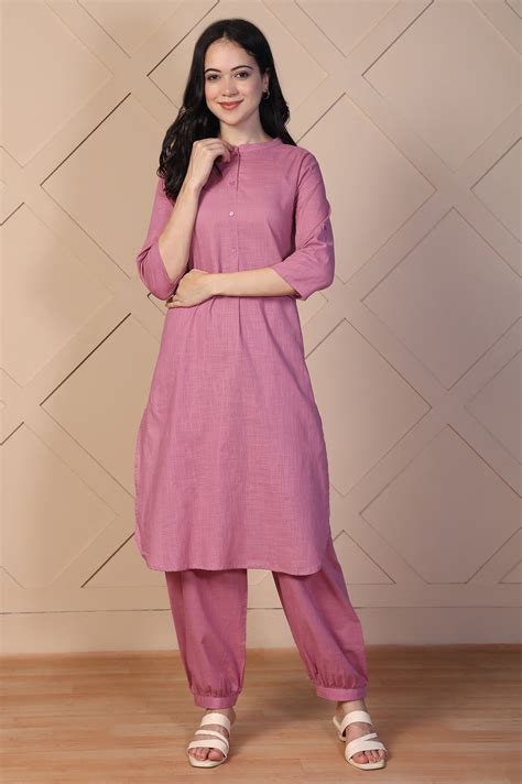 Buy Pink Solid Textured Cotton Straight Kurta and Salwar Co-ord Set ...