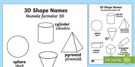 3D Shapes Words Colouring Sheet English/Romanian