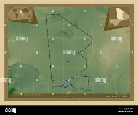 Timbuktu, region of Mali. Colored elevation map with lakes and rivers ...