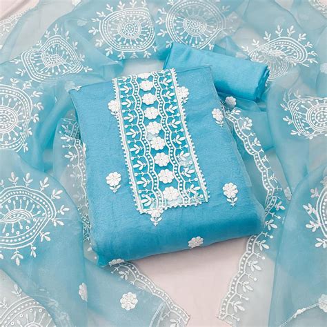 Sky Blue Floral Embroidered Organza Dress Material