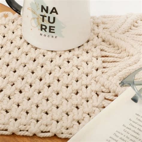 Macrame placemat side triangle, small knots, 20x35, off-white, 2 piece