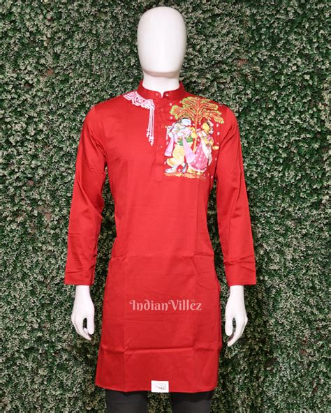 Red Radha Krishna Hand-Painted Pattachitra Kurta – IndianVillèz