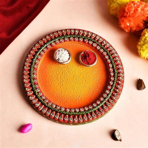 emboss culture wooden handcrafted decorative round shape pooja thali ...