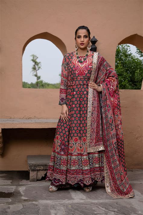 RED & GREEN PRINTED ANARKALI SET WITH POTLI BAG – Charu Parashar Designs