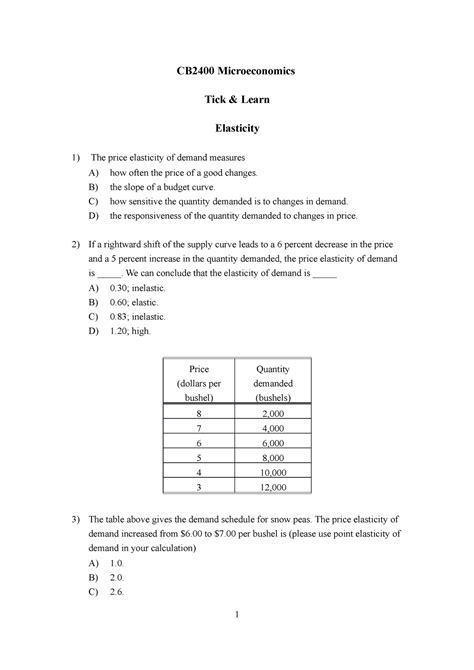 (03) Elasticity Questions - CB2400 Microeconomics Tick & Learn ...