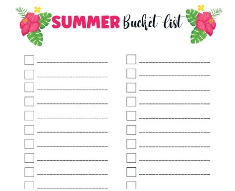 Printable Summer Bucket List Template – PrintableLib