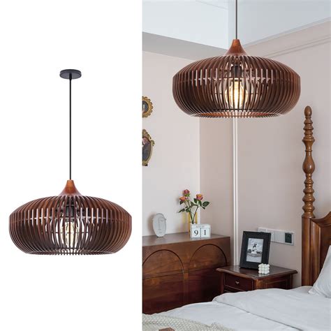 Round Wood Shade Pendant Light Natural Wood Hammered Dome Pendant