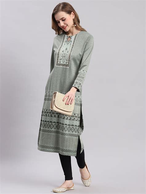 Buy Women Green Printed Round Neck Full Sleeve Kurtis Online in India ...