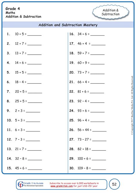 Worksheet Grade 4 Math Addition and Subtraction Mastery | Math addition ...