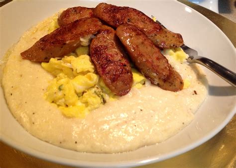 Creamy grits, scrambled eggs and chicken sausage... LOVE a savory ...